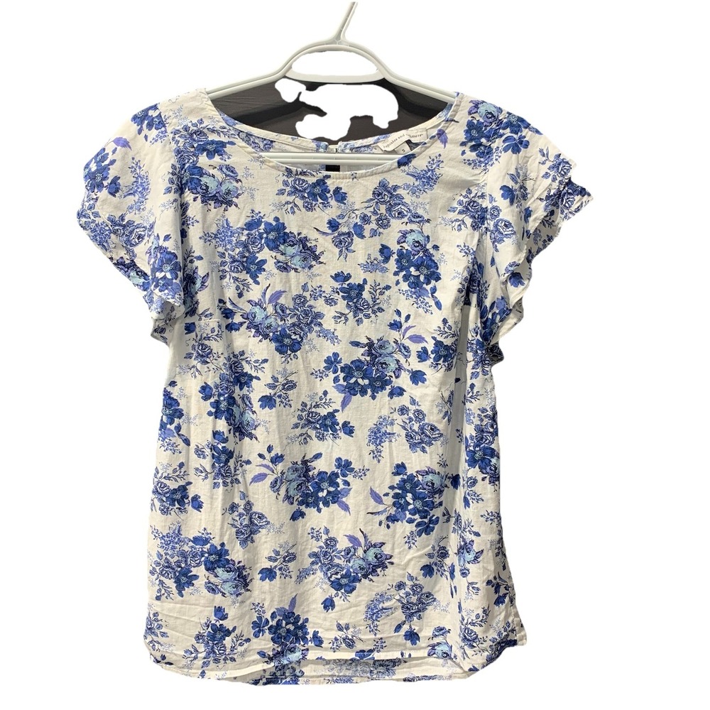 Cupcakes and Cashmere Blue Floral Linen Top Size S